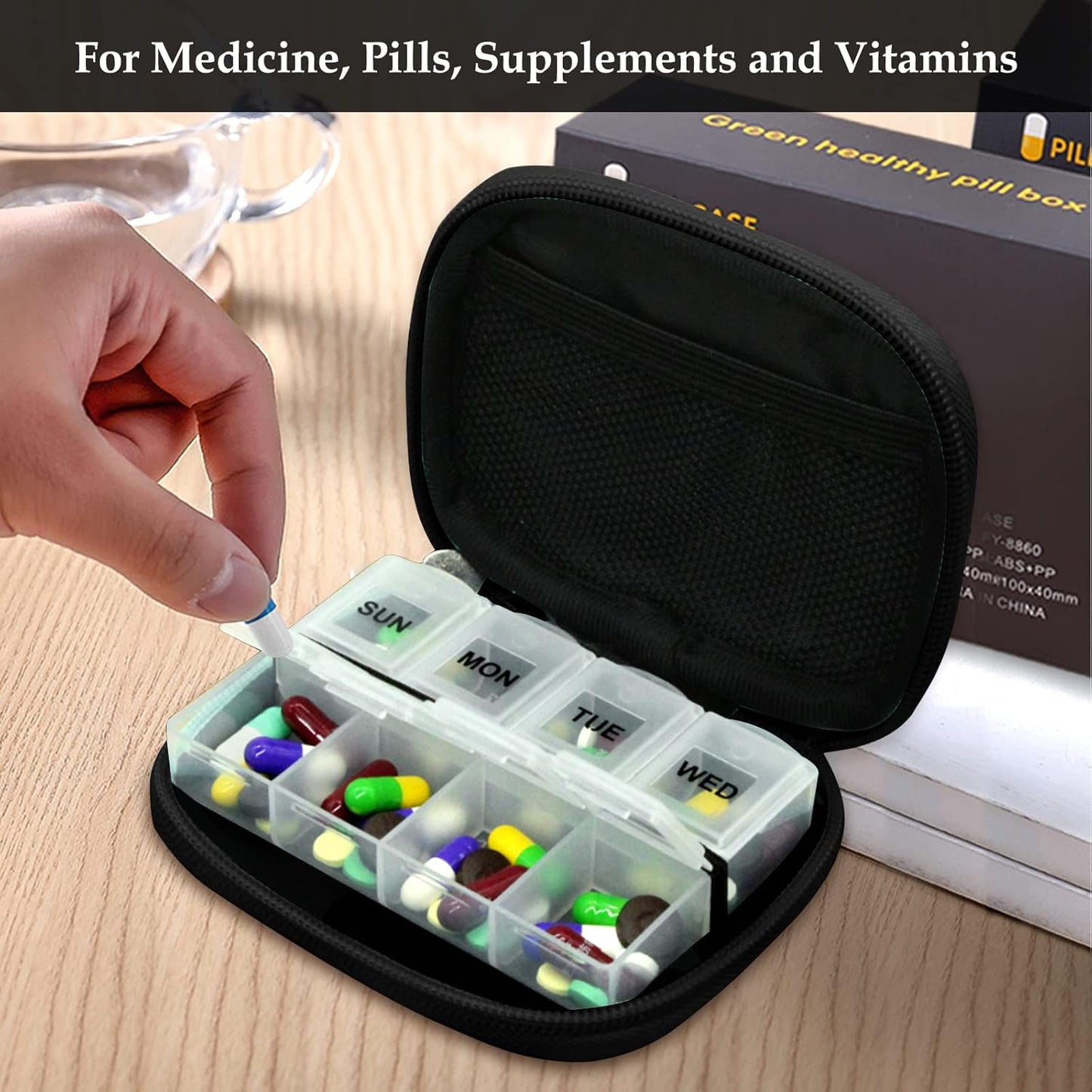 Serfeymi Weekly Travel Pill Organizer Pill Case for Purse with Removable 7 Day Pill Box, Fashionable Travel Medicine Organizer Pill Container for Medicine, Vitamin, Supplement - Black 03 + Pill Box