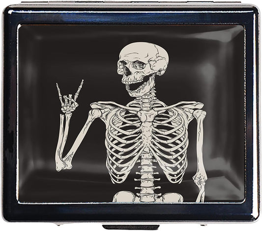 Silver Vintage Pill Box 7 Day Metal Pill Box with Mirror and 8 Compartments Cute Travel Pill Organizer for Purse (Rock and Roll Skull Skeleton)