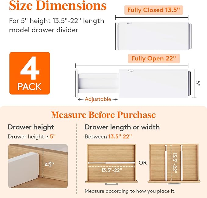 Lifewit 4 Pack 5" High Drawer Dividers 34-56cm/13.5-22" Adjustable Drawer - Image 2