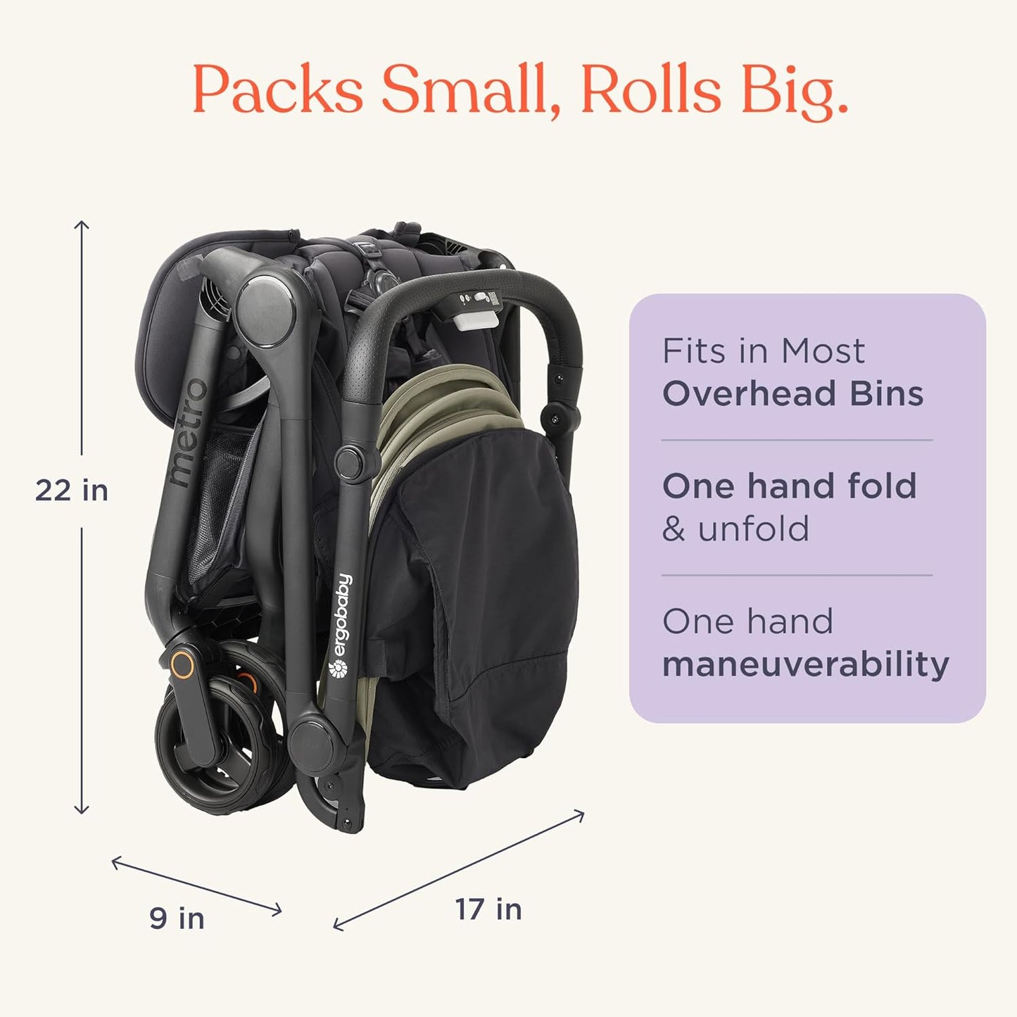 Ergobaby Metro 3 All in One Compact Baby Stroller, Lightweight Travel Stroller, Easy One-Hand Fold for Overhead Airplane Storage (Carries up to 50 lbs), Car Seat Compatible,Graphite Grey