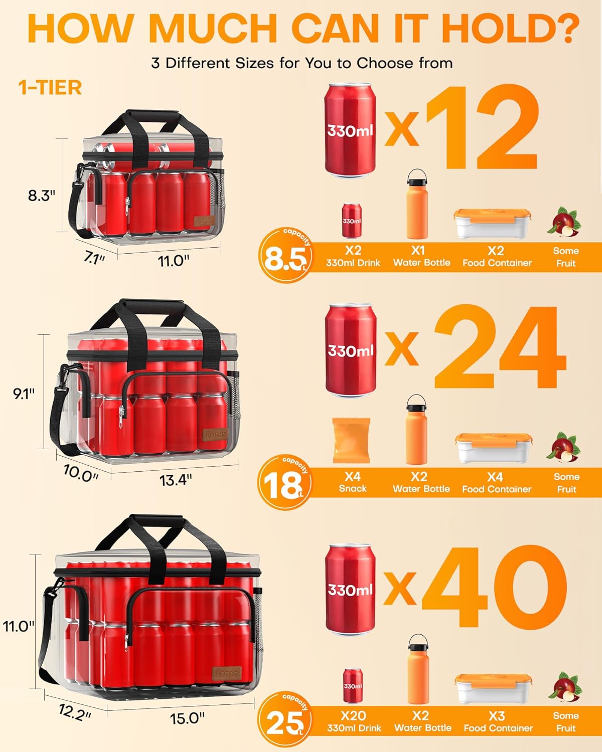 HOTOR Lunch Box for Men and Women - Leak-Proof Insulated Lunch Cooler Bag with Adjustable Strap, Multiple Pockets for Office, Picnic, Hiking, Beach, 1 Layer, 8L, Brown, 9.8" x 8.7" x 5.9"