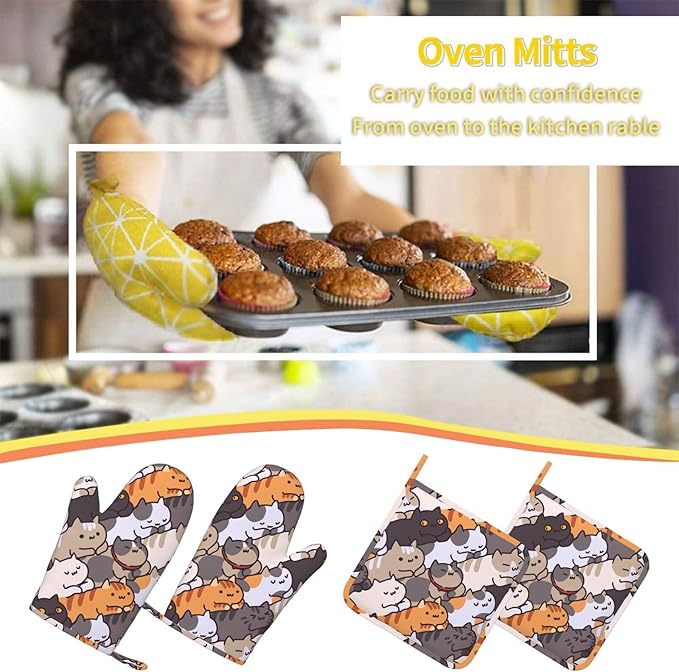 Fun Cat Cartoon Animal Face Oven Mitts and Pot Holders Set of 4 Silicone Heat - Image 7