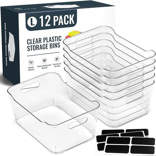 12 PACK Multi-Use Clear Plastic Storage Bins by MakeLifeBetterEasier