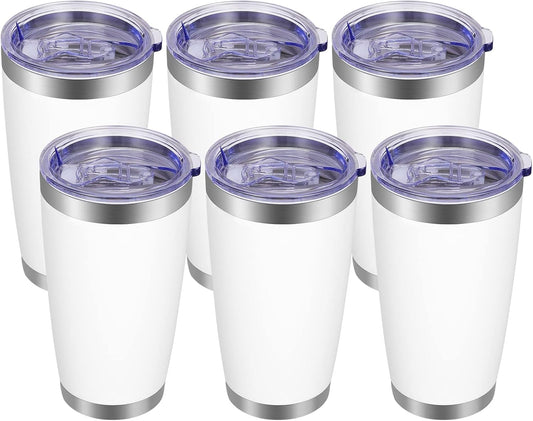 VEGOND 20oz Tumbler with Lid and Straw Stainless Steel Tumbler Cup Bulk Vacuum Insulated Double Wall Travel Coffee Mug Powder Coated Coffee Cup(White 6 Pack