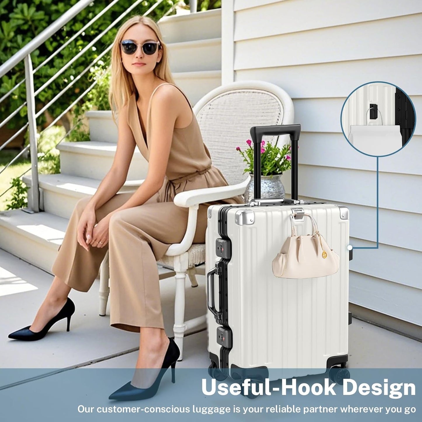 Krute Carry On Luggage Noble TSA Airline Approved Suitcase with Spinner Wheels 20 Inch White