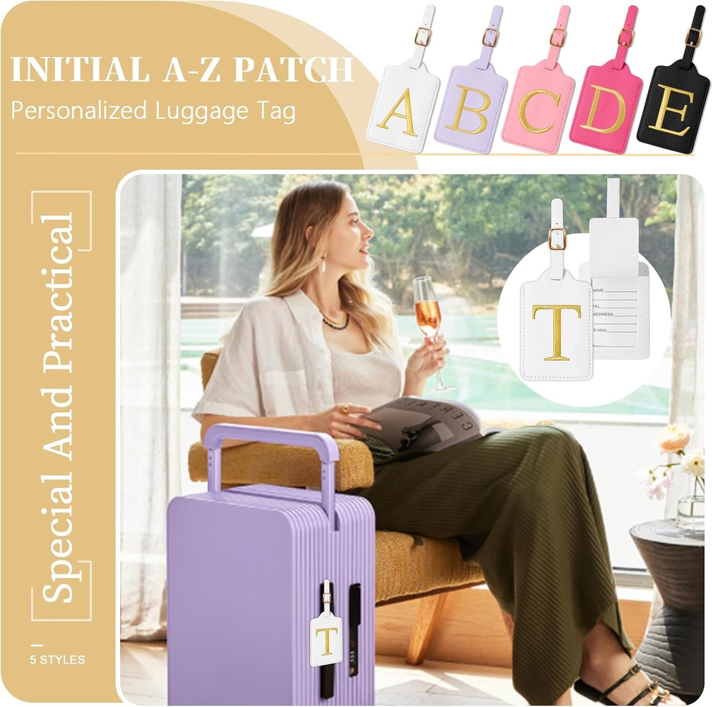 Personalized Initial Luggage Tags for Suitcase TSA Approved, White Leather Cute Luggage Tag with Privacy Cover Name Card, Embroidered Custom Luggage Tags Travel Baggage Tags Gifts for Women Kids(T)