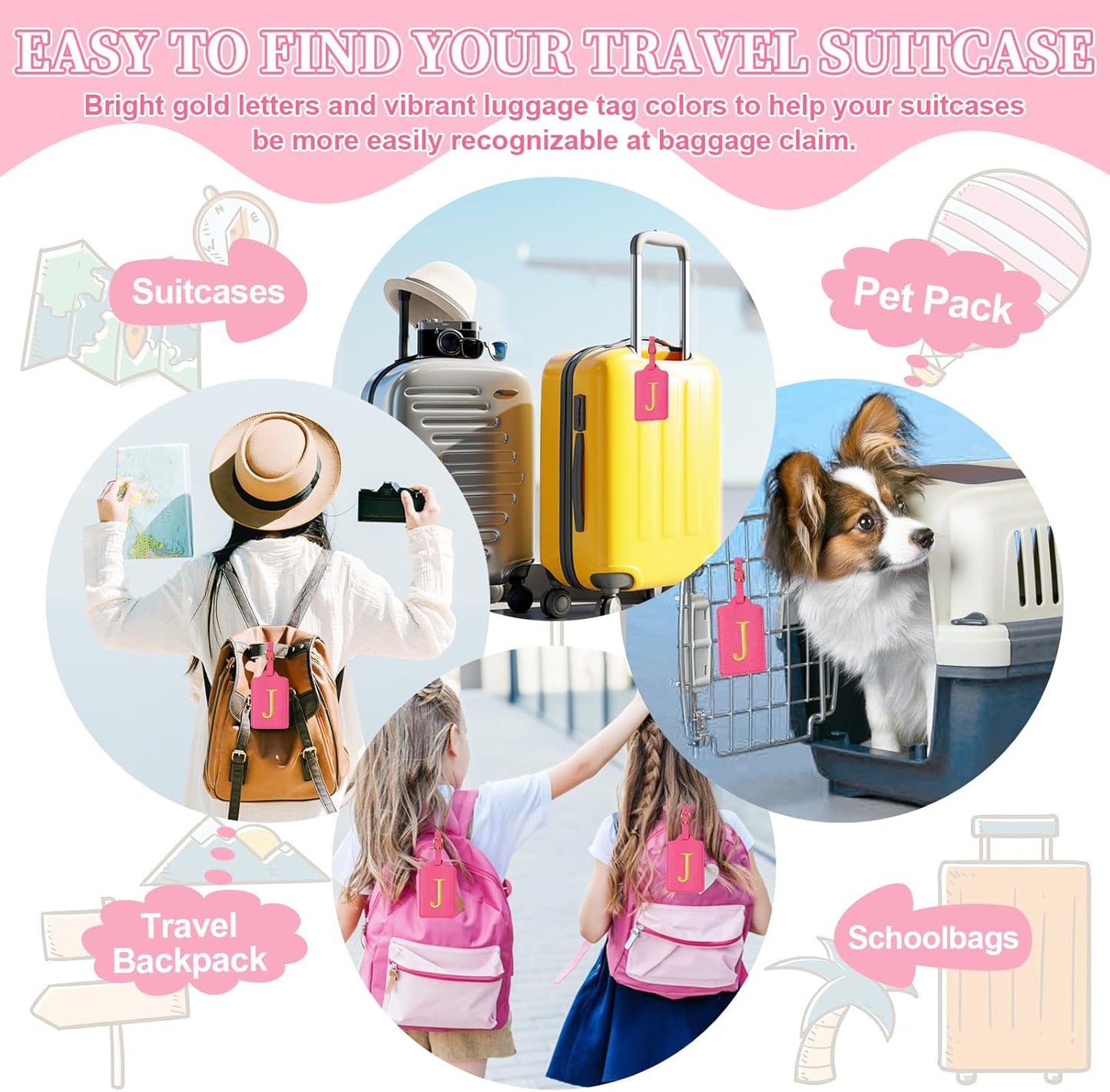 Personalized Initial Cute Luggage Tags - Rose Red Leather with Privacy Cover, Embroidered Custom Monogram for Women Kids