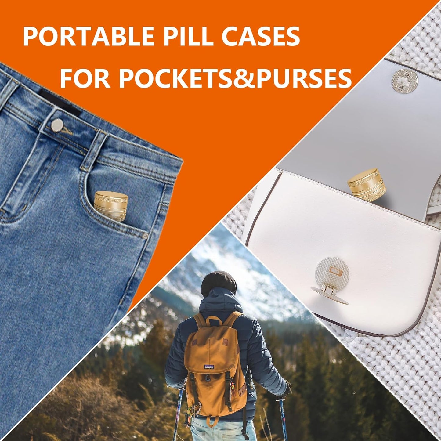 Small Pill Box, Portable Daily Box, Aluminium Alloy Round Container for Pills, Pocket Case (Gold)