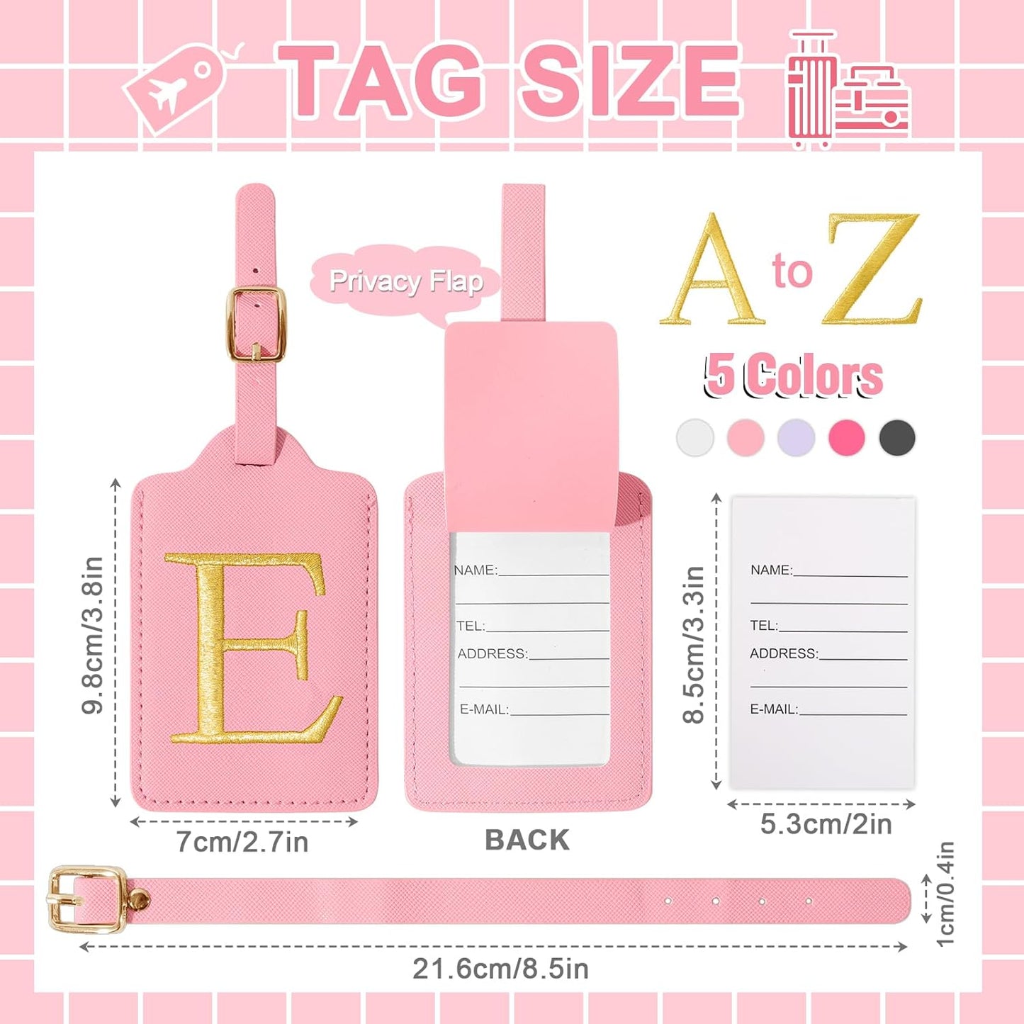 Personalized Initial Luggage Tags for Suitcase, Pink Leather Cute Luggage Tags with Privacy Cover Name Card, Embroidered Custom Monogrammed Luggage Tag Travel Bag Baggage Tags Gifts for Women Kids(E)