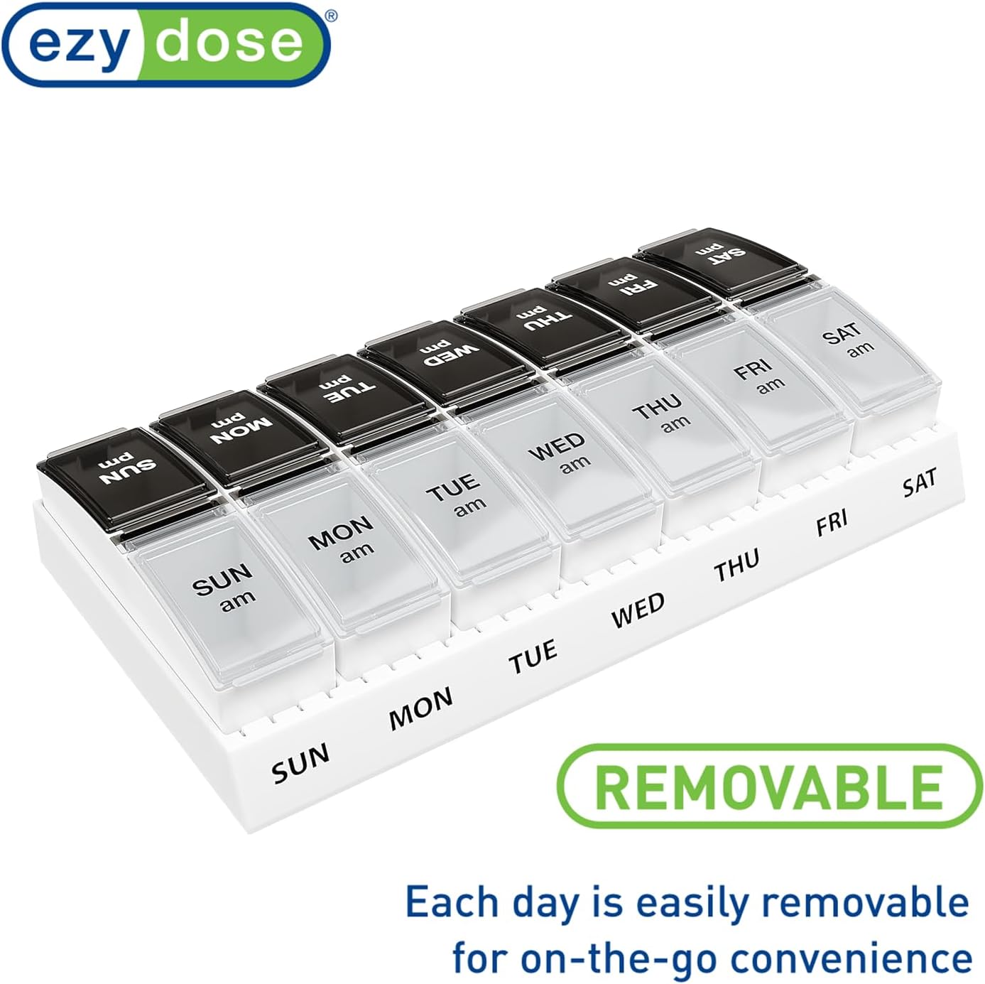 EZY DOSE Weekly (7-Day) Daily AM/PM Pill Case, Medicine Planner, Vitamin Organizer, Supplement Container, Small Pop-out Compartments, Designed for Travel, 2 Times a Day, Black and Clear Lids