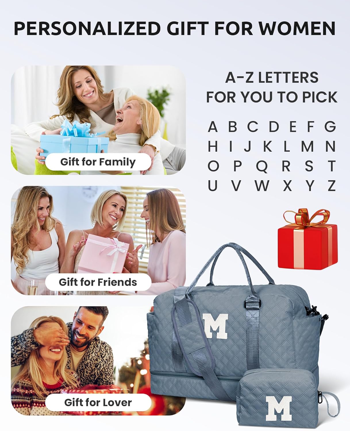 Personalized Weekender Duffle for Women With Shoulder Strap, Wet Pocket, Makeup Bag - Overnight Travel Gift for Friend Sister (Letter Y)