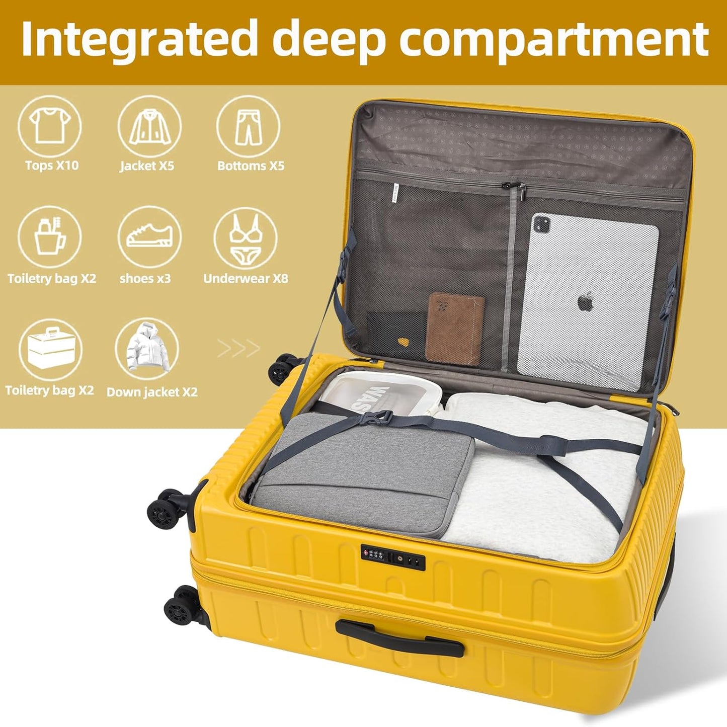 29 Inch Luggage with Expansion & Side Opening Design, 50 * 31(35)*76cm, 117L~133L Ligthweight ABS+PC Hardshell Checked Suitcase, Yellow