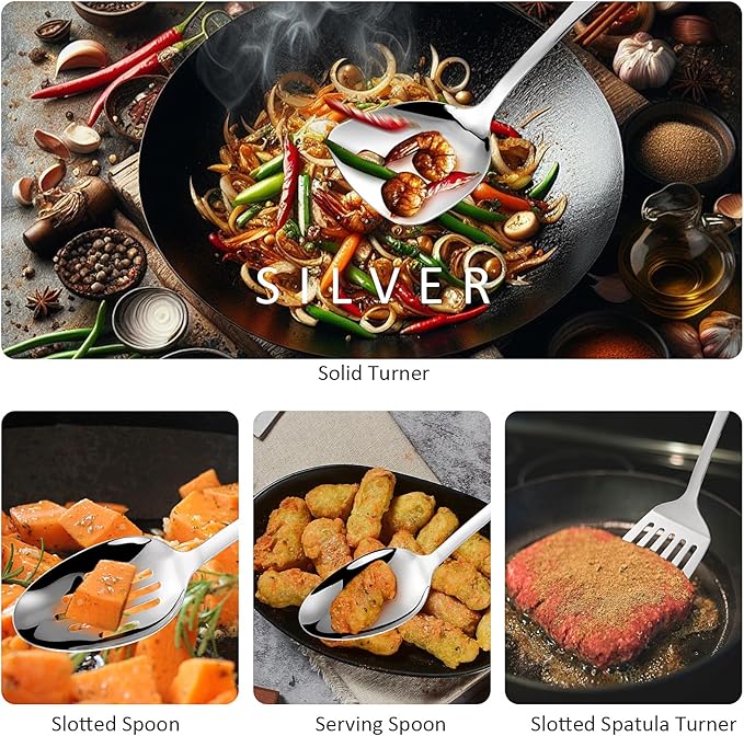 304 Stainless Steel Cooking Utensils Set, Solid Spoon, Skimmer Spoon, Spaghetti - Image 7
