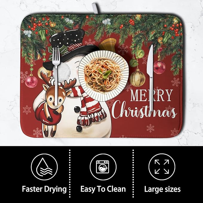 Christmas Dish Drying Mats for Kitchen Counter 16x18 Cute Snowman Red Dish - Image 4