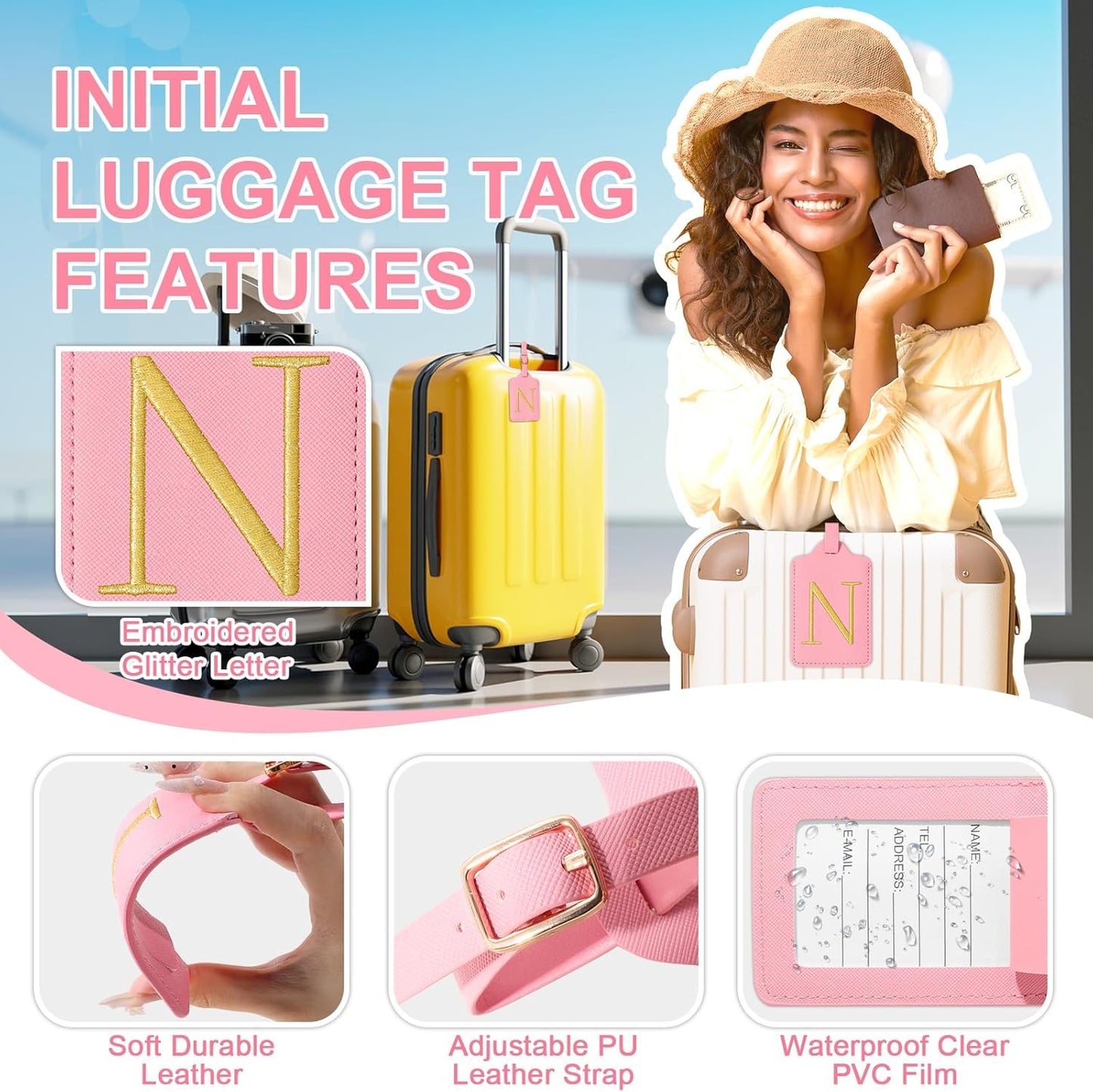 Personalized Initial Luggage Tags for Suitcase, Pink Leather Cute Luggage Tags with Privacy Cover Name Card, Embroidered Custom Monogrammed Luggage Tag Travel Bag Baggage Tags Gifts for Women Kids(N)