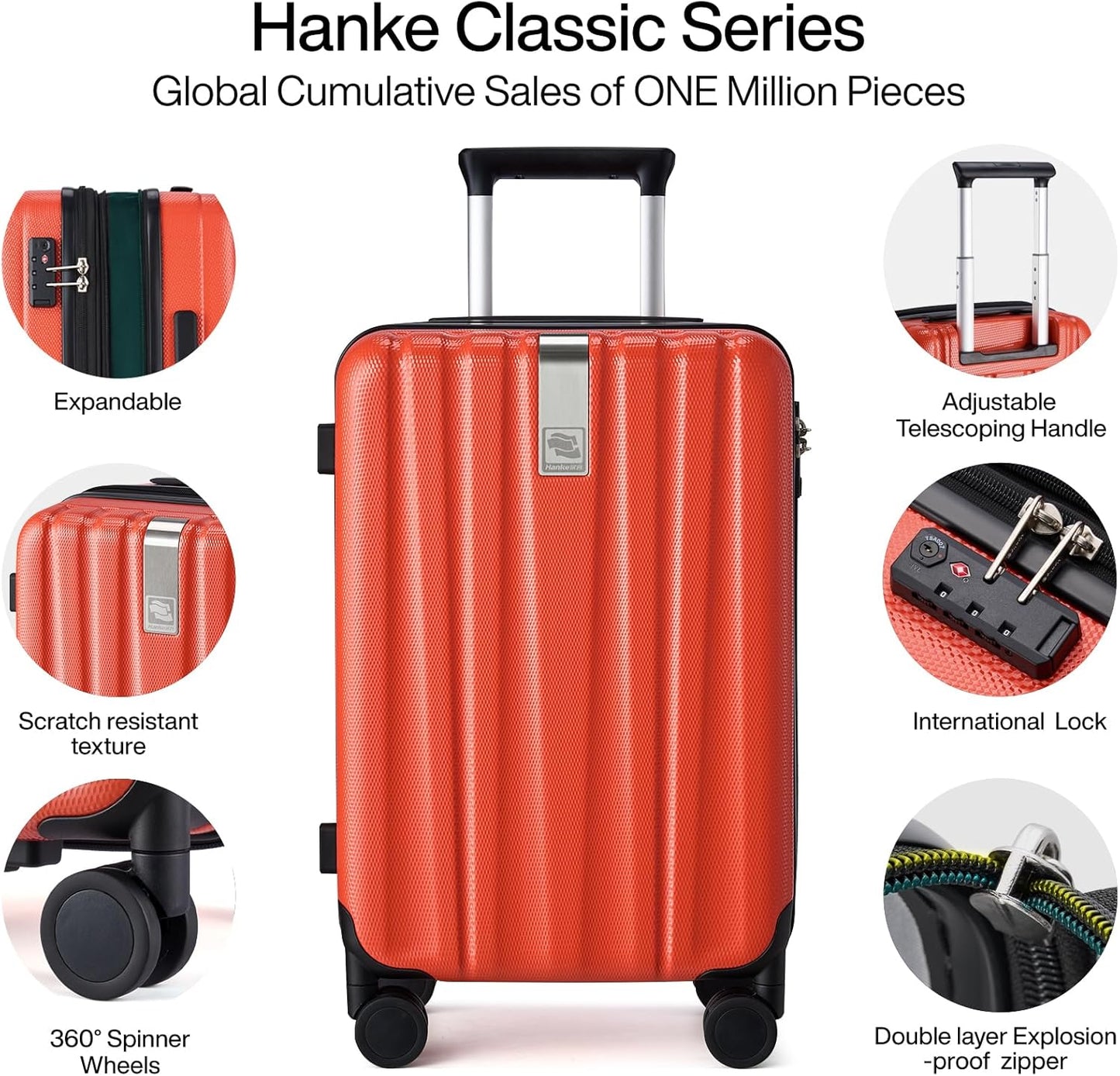 Hanke 20 Inch Expandable Carry on Luggage 22x14x9 Airline Approved Lightweight PC Hard Shell Suitcases with Wheels Tsa Luggage Rolling Suitcase Travel Luggage Bag for Weekender(Orange)