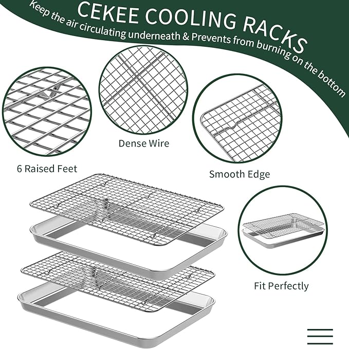 Half Sheet Pans with Rack Set, CEKEE Stainless Half Size Large Baking Sheets - Image 4