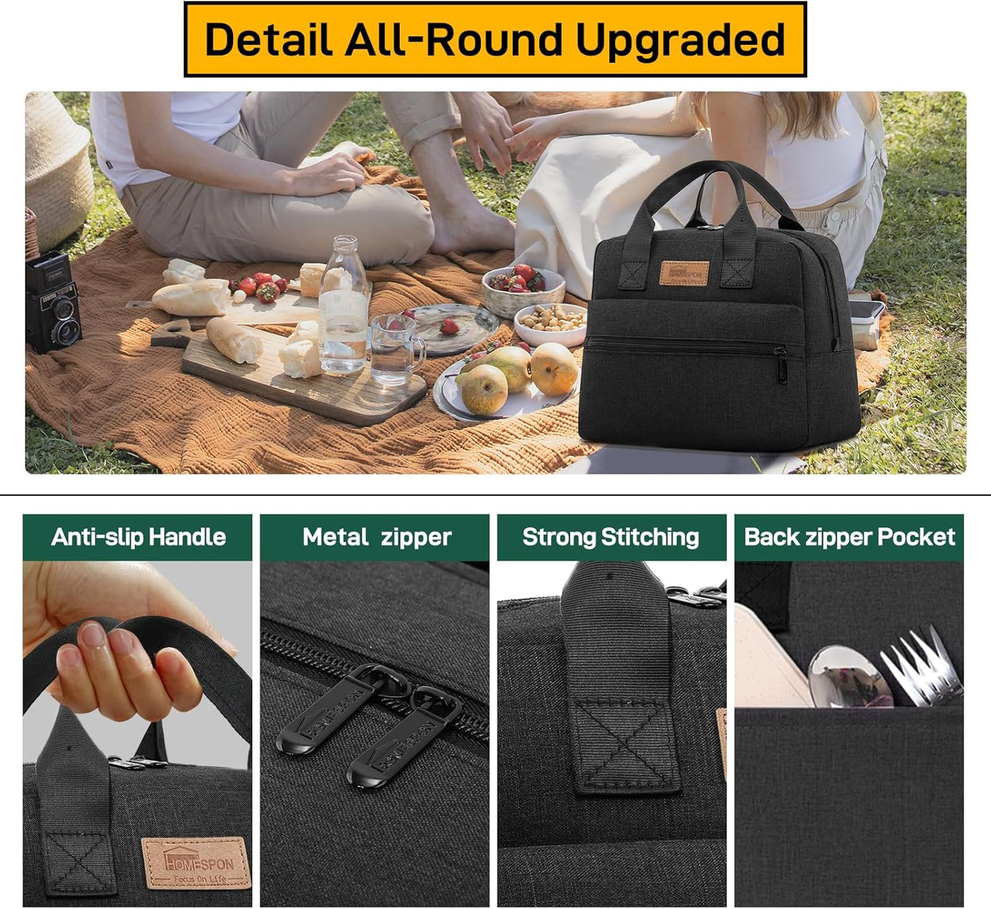 HOMESPON Insulated Lunch Bag for Women Men Lunch Box Cooler Lunch Tote for Work Picnic (Black)