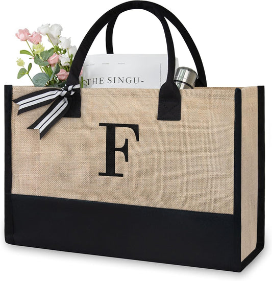 TOPDesign Initial Jute/Canvas Tote Bag, Personalized Present Bag, Suitable for Wedding, Birthday, Beach, Holiday, is a Great Gift for Women, Mom, Teachers, Friends, Bridesmaids (Letter F)
