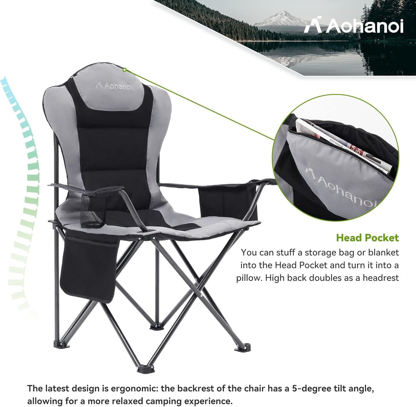 2 Pack Camp Chairs for Heavy People, Outdoor Folding Camping Chairs with Cup Holder & Cooler Bag for Outside Supports up to 300lbs (2 Pcs, Black)