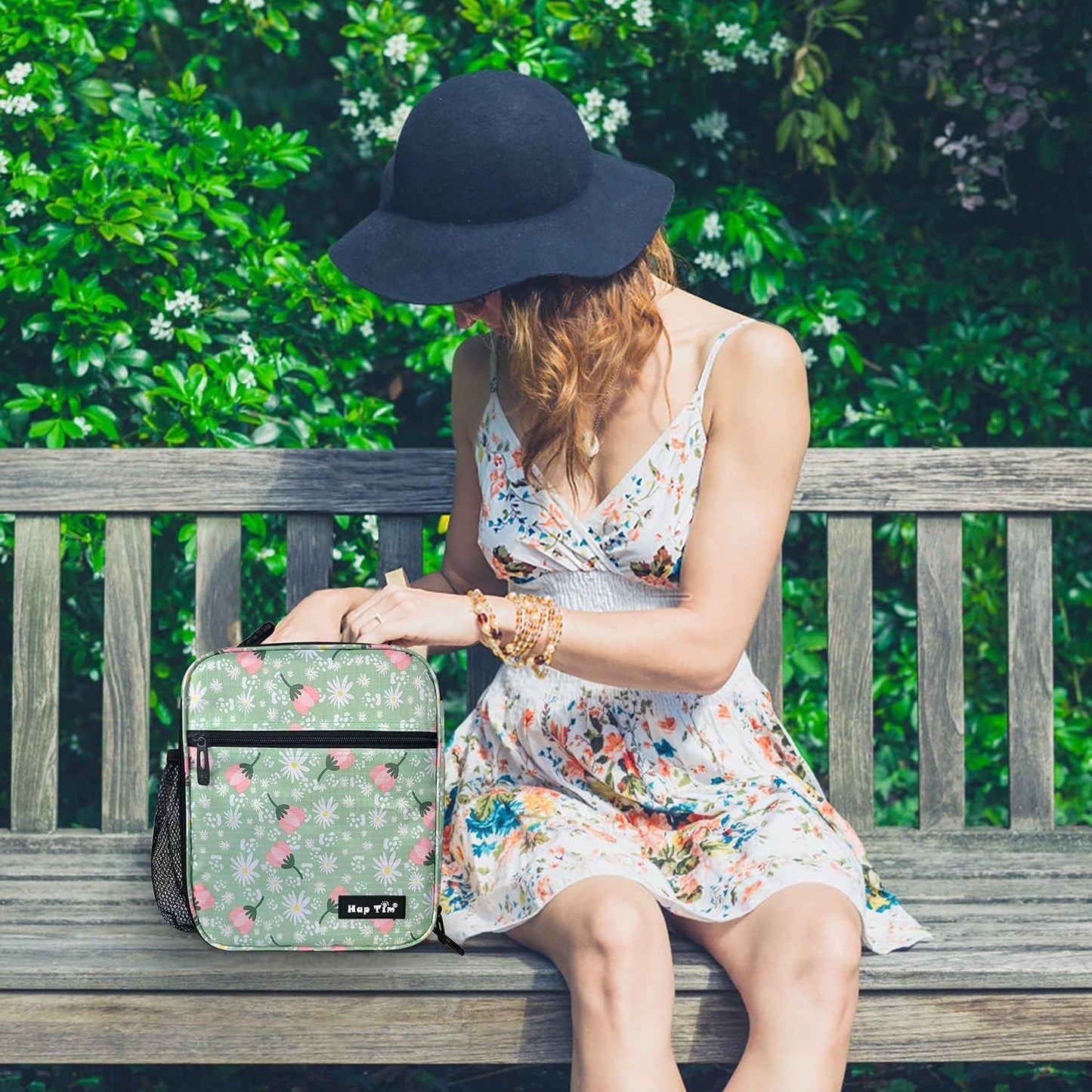 Hap Tim Insulated Lunch Bag Women, Reusable Lunch Box for Women & Men, Adluts Lunchbox for Office Work, Portable Lunchbag, Green Floral（18654-GF）