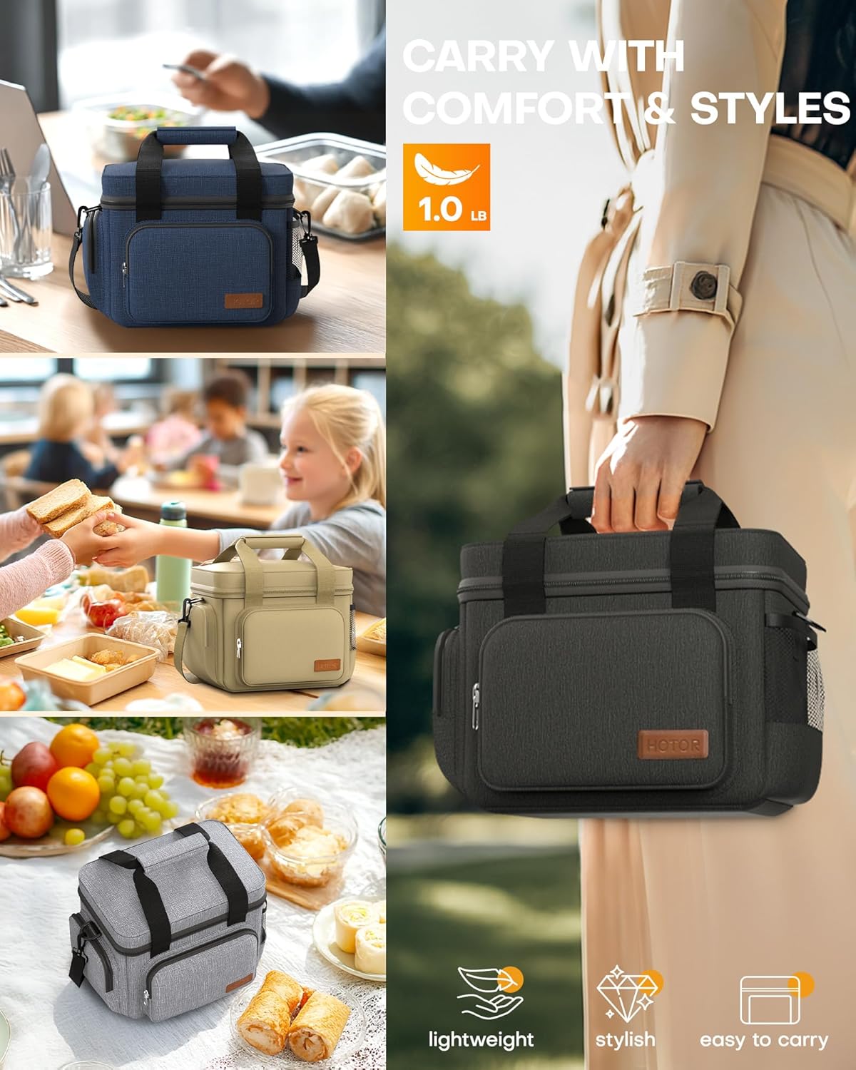 HOTOR Lunch Box for Men and Women - Leak-Proof Insulated Lunch Cooler Bag with Adjustable Strap, Multiple Pockets for Office, Picnic, Hiking, Beach, 1 Layer, 18L, Black, 13.4" x 9.1" x 10.0"