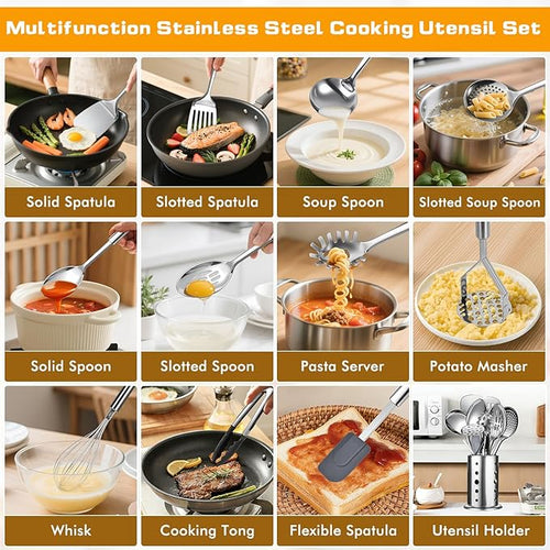 12 Pcs Stainless Steel Cooking Utensils Set, Metal Kitchen Tools Include - Image 2
