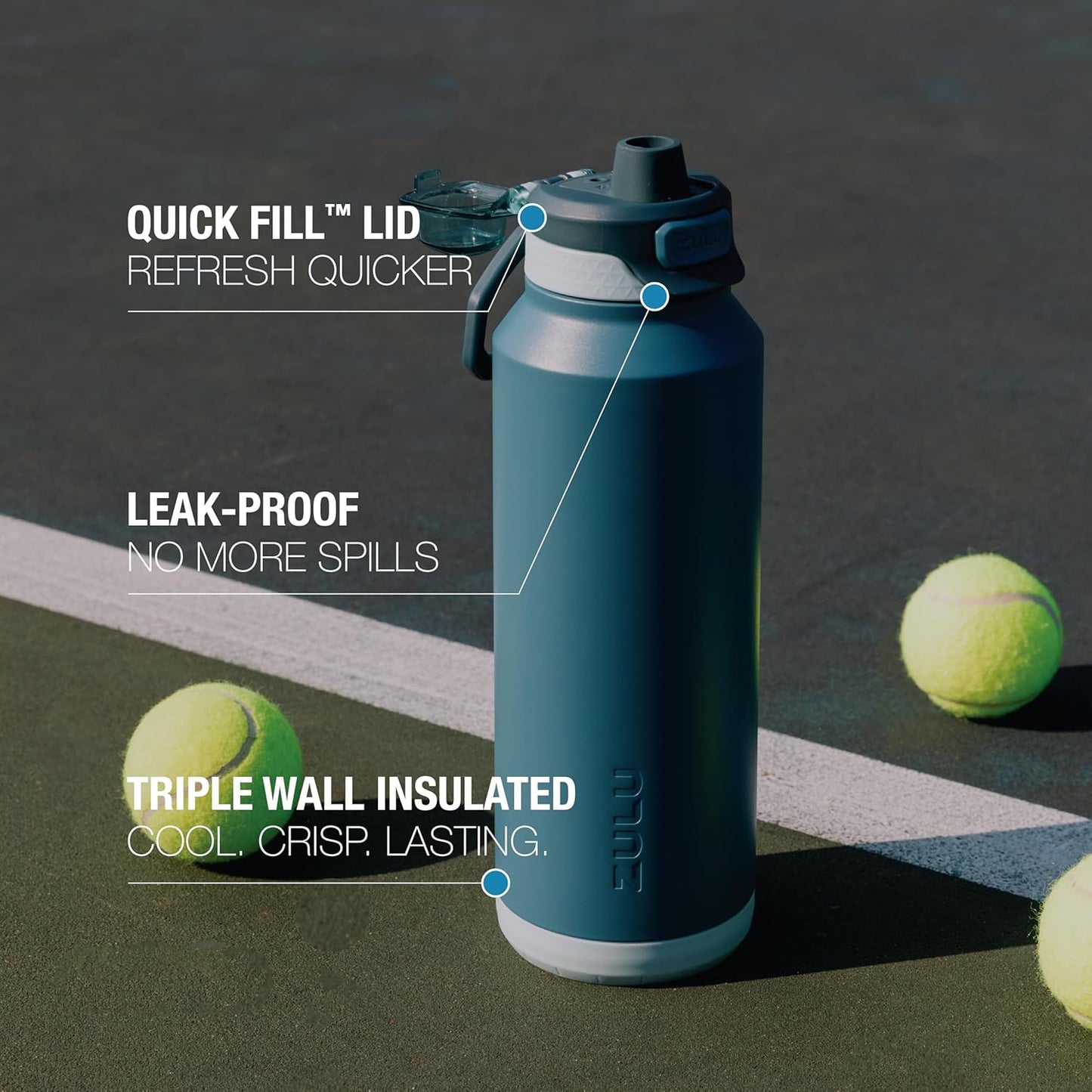 ZULU Powerfill Pro 40oz Stainless Steel Water Bottle with Quick Fill Lid, Triple Walled Vacuum Insulated Metal, Leak Proof Locking Lid, Sip and Chug, Reusable BPA Free, High Tide