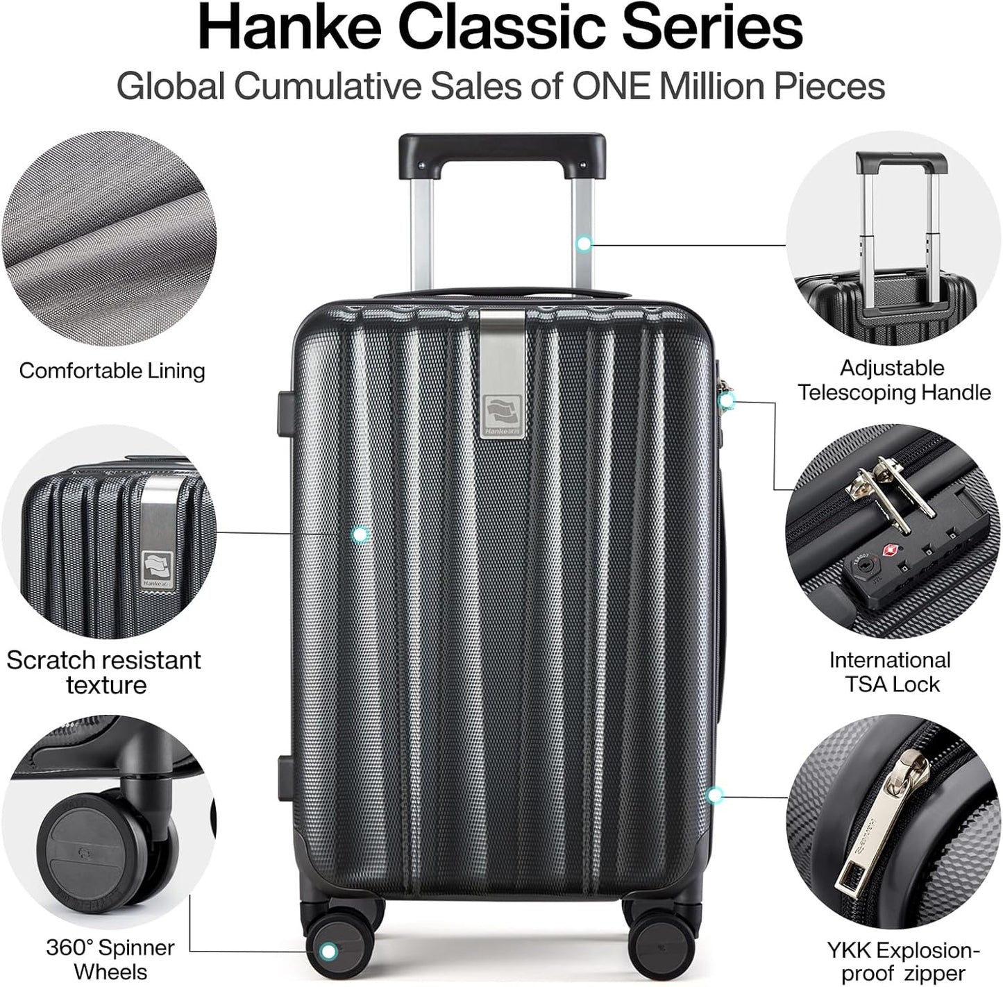 Hanke Luggage Sets 2 piece Carry On Luggage with Wheels PC Hard Shell Suitcases Lightweight Checked Travel Luggage Large Travel Suitcase Woman Men 20/29 Inch(Jet Black)