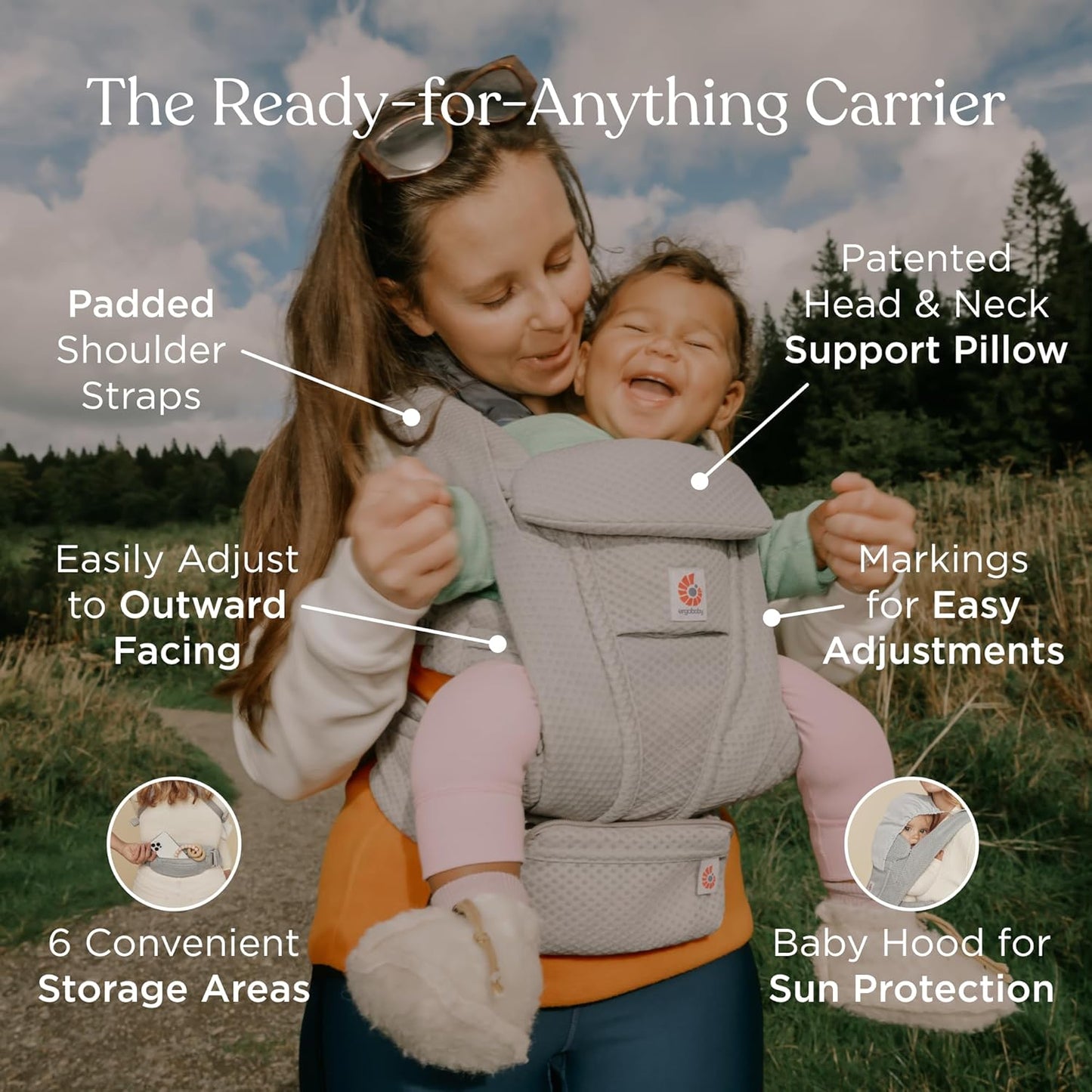 Ergobaby Omni Deluxe Baby Carrier Newborn to Toddler - Breathable Baby Carriers for Summer - All-Position Carrier with Enhanced Lumbar Support & Airflow (7-45 Pounds), Cotton, Pearl Grey