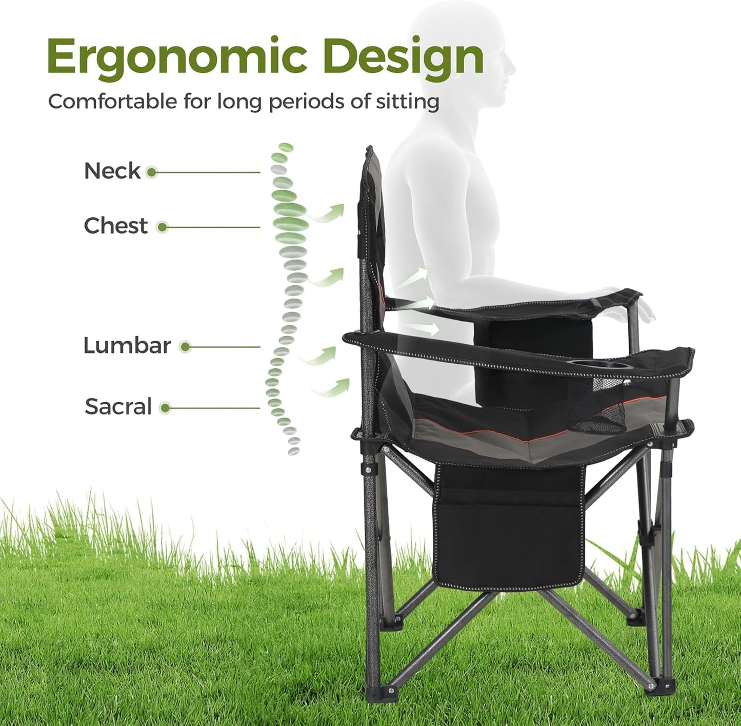 ALPHA CAMP Oversized Camping Folding Chair, Heavy Duty Support 450 LBS Steel Frame Collapsible Padded Arm Chair with Cup Holder Quad Lumbar Back, Portable for Outdoor