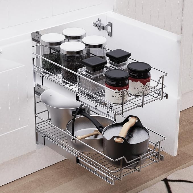 2 Tier Pull Out Cabinet Organizer 11" W X 22" D, Slide Out Drawers - Image 5