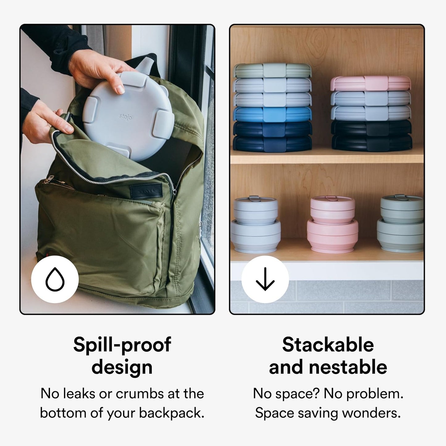 STOJO Collapsible Bowl 5 Set - Sage, 36oz - Reusable Silicone Bowl for Hot and Cold Food - Perfect for Travel, Meal Prep, To-Go Lunch, Camping & Hiking - Microwave & Dishwasher Safe