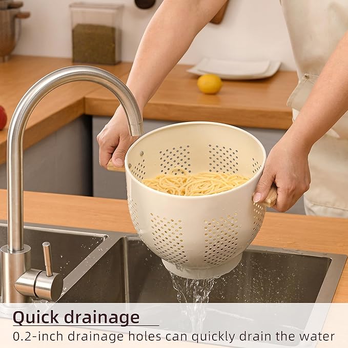 Metal Colander with Wood Handle and Stable Base, Powder Coated Steel Kitchen - Image 3