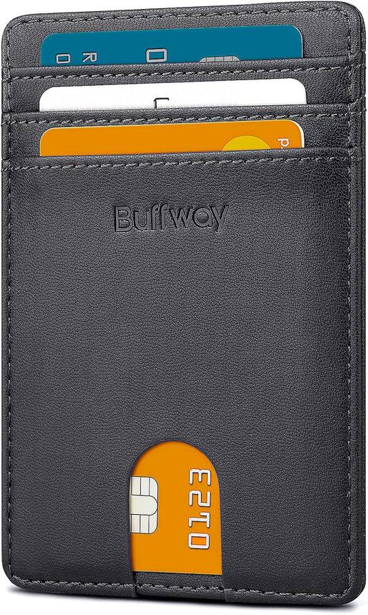 Buffway Mens Slim Wallet, Minimalist Thin Front Pocket Leather Credit Card Holder with RFID Blocking for Work Travel