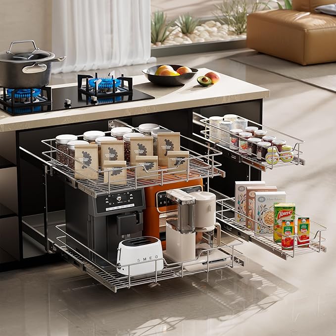 2 Tier Pull Out Cabinet Organizer 24" W X 22" D, Slide Out Drawers - Image 8