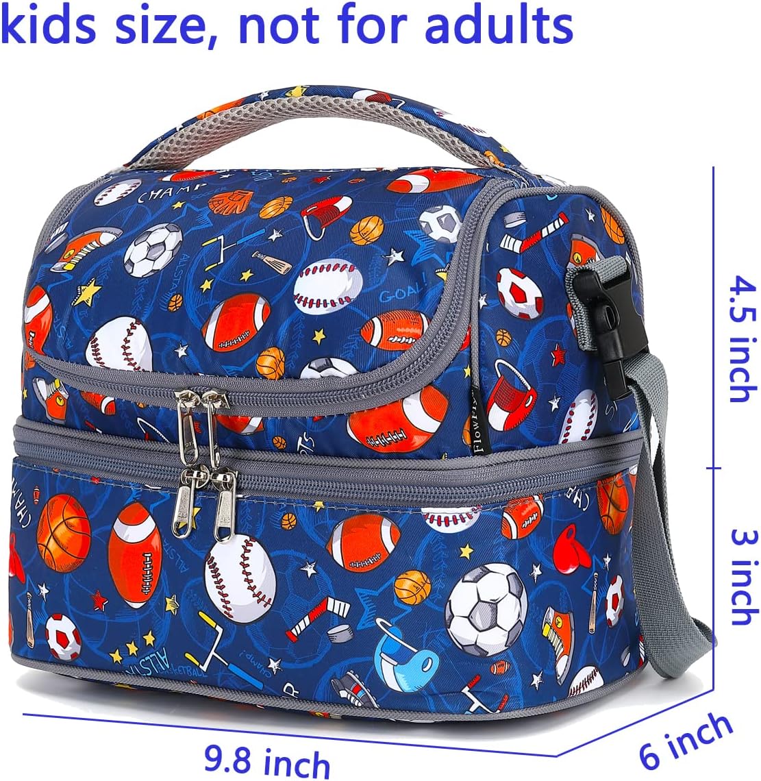 FlowFly Double Decker Cooler Insulated Lunch Bag Large Tote for Boys, Girls, Men, Women, With Adjustable Strap, Football