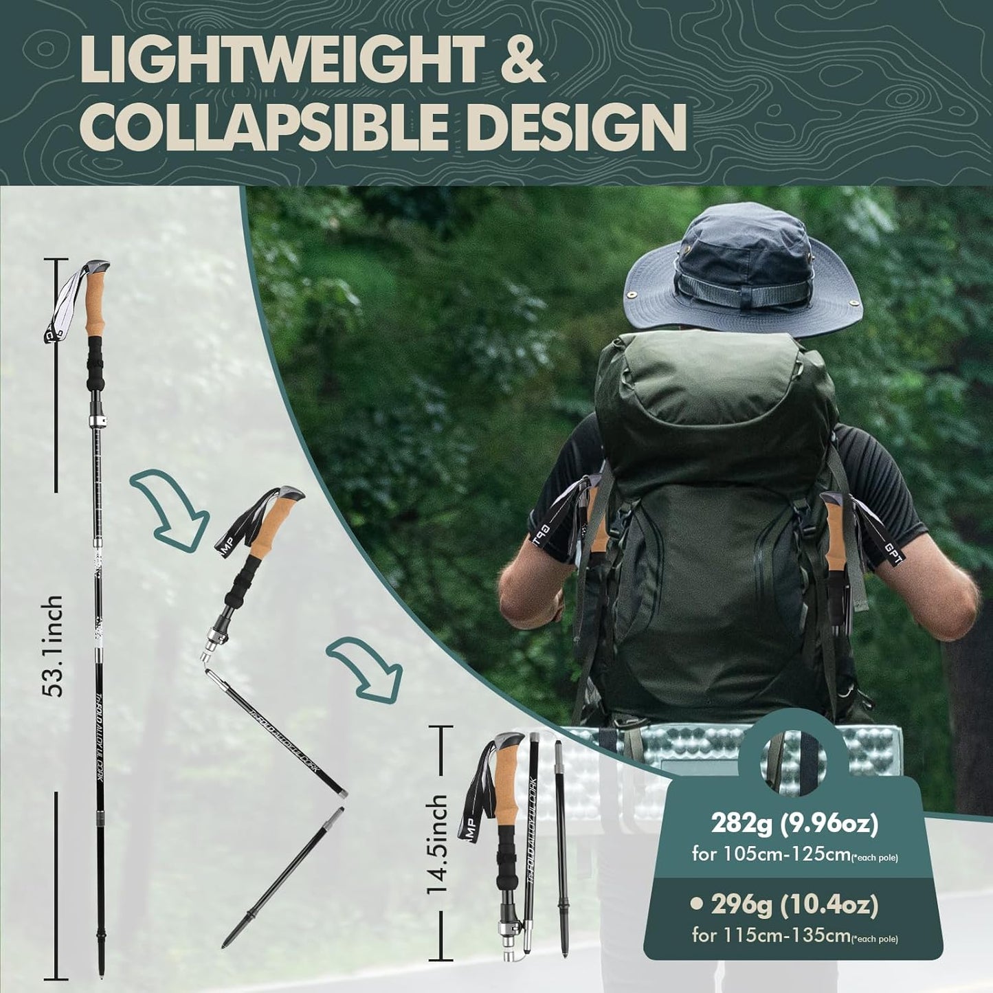 GPTCAMP Nordic Walking Stick, TPZ-1, 2pc Folding Collapsible Hiking Poles with Metal Quick Lock, Cork Handle, Lightweight 7075 Aluminum Trekking Poles for Seniors Women Men Hiking Gear