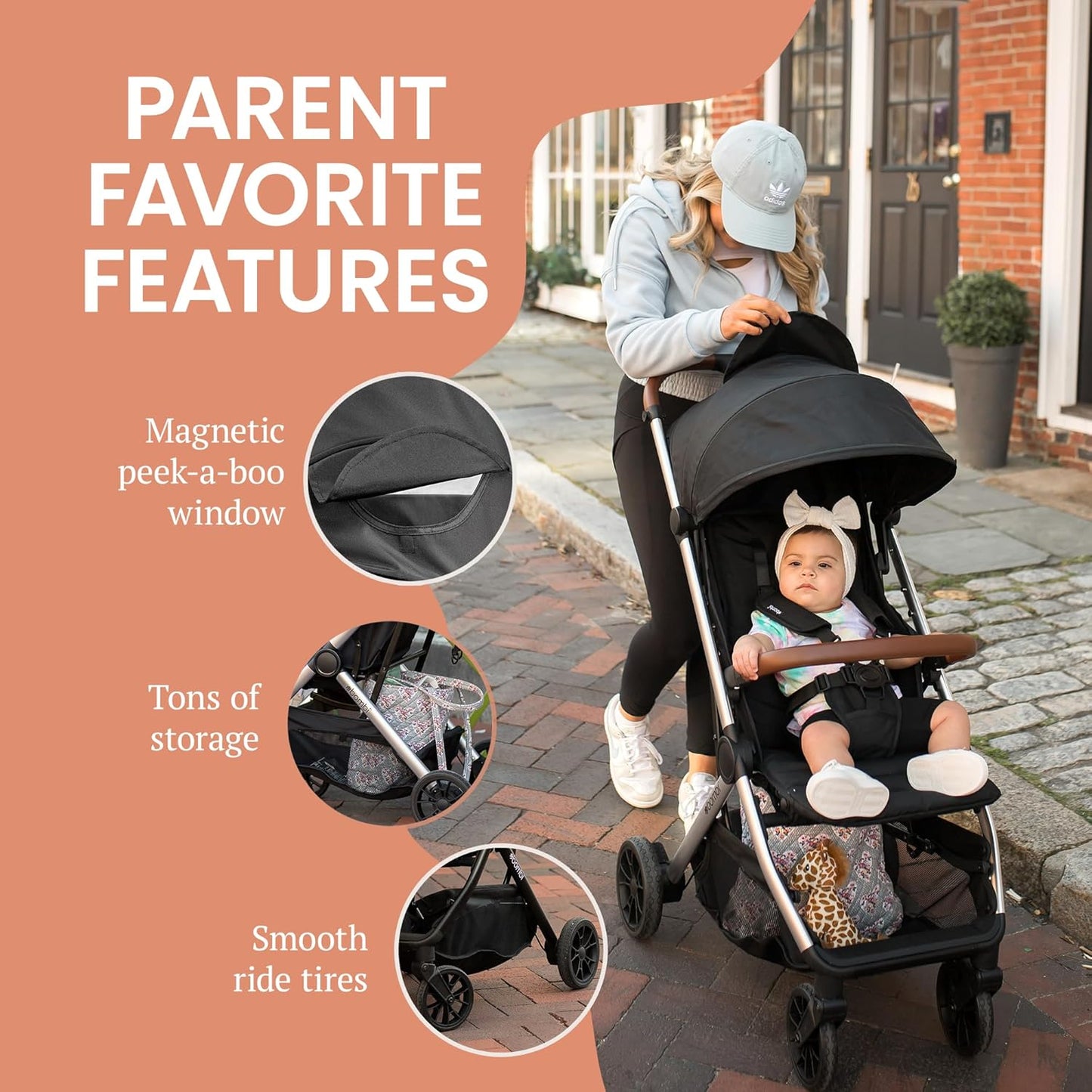 Bombi Bēbee V2 Lightweight Baby Stroller - Premium Vegan Leather, One-Hand Fold, Infinite Recline, Aircraft-Grade Aluminum Frame, XXL Canopy, and Ample Storage Umbrella Stroller - Desert Berry