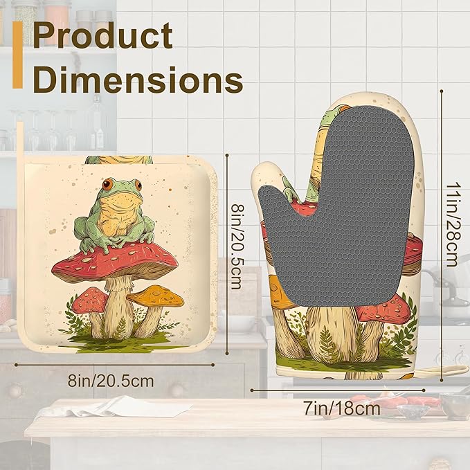 Green Frog Oven Mitts and Pot Holders Sets, Silicone Mushroom Kitchen Mitts - Image 2