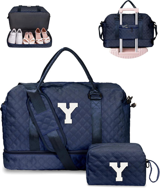Initial Personalized Travel Bag with Shoulder Strap, Wet Pocket, Makeup Bag Gift for Women (Letter Y)