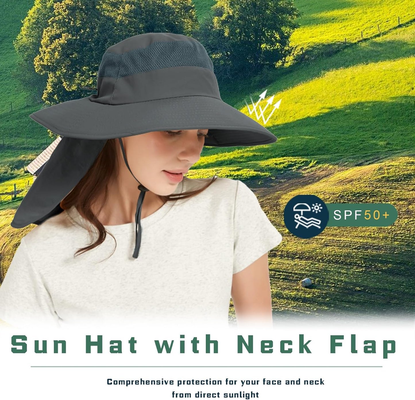 Fishing Hat Breathable Wide Brim Sun Hats with Neck Flap Bucket Hat Outdoor Safari Hat for Men Women UPF 50+ Sun Protection