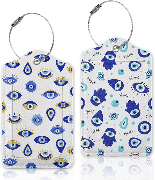 Blue Evil Eyes Hamsa Hand Luggage Tags for Suitcase,Luggage Tag with Stainless Steel Loop Privacy Cover Id Label Travel Bag Luggage Identifiers for Women Men Travel,Set of 2