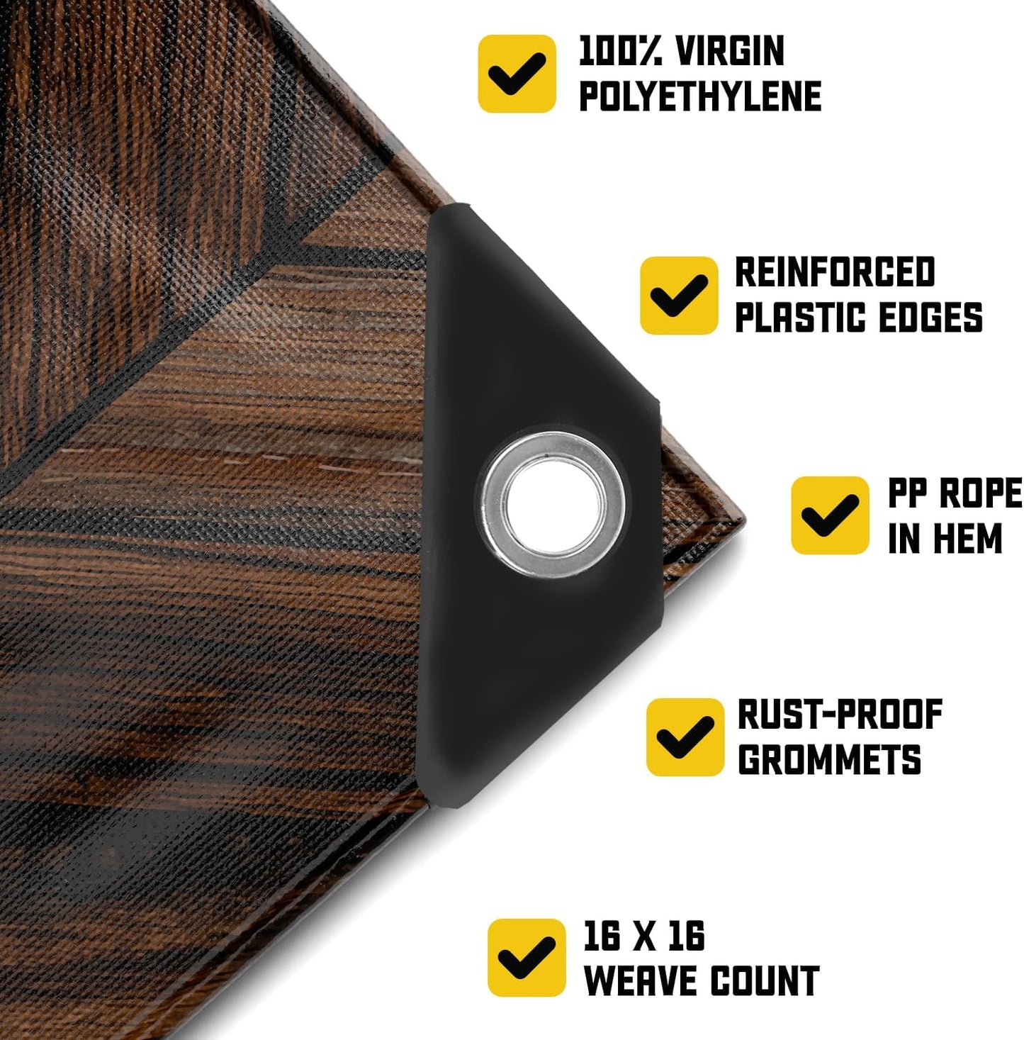 Core Tarps Extreme Heavy Duty 20 Mil Tarp Cover, Waterproof, UV Resistant, Rip and Tear Proof, Poly Tarpaulin with Reinforced Edges for Roof, Camping, Patio, Pool, Boat (Brown Wood/Black 10′ X 12′)
