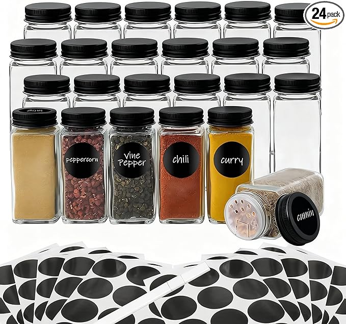 24Pcs Spice Jars with Label, 4oz Empty Square Seasoning Containers, Spice Jars by DIDITIME
