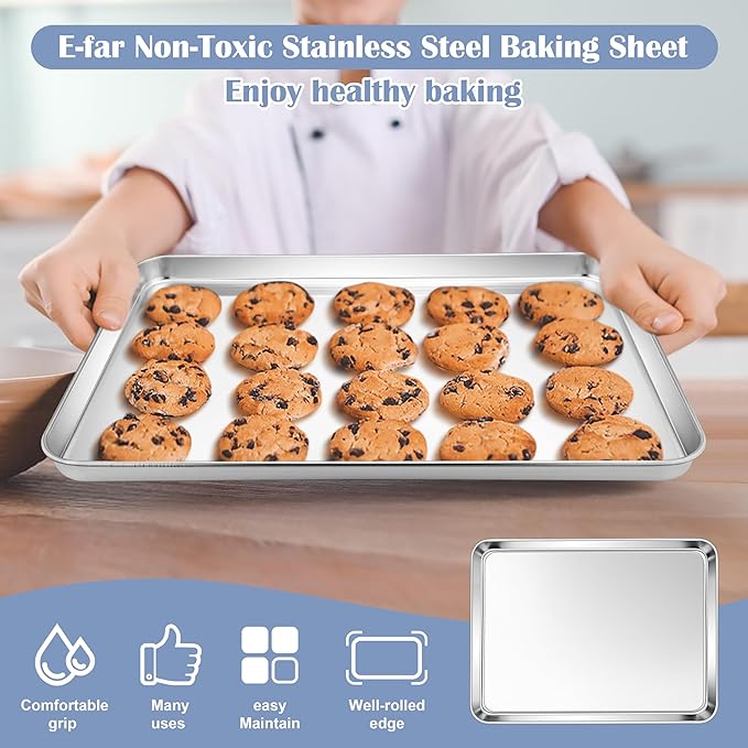 E-far Stainless Steel Baking Sheets Set of 4, 12.4” x9.7” Baking Cookie Sheets - Image 6