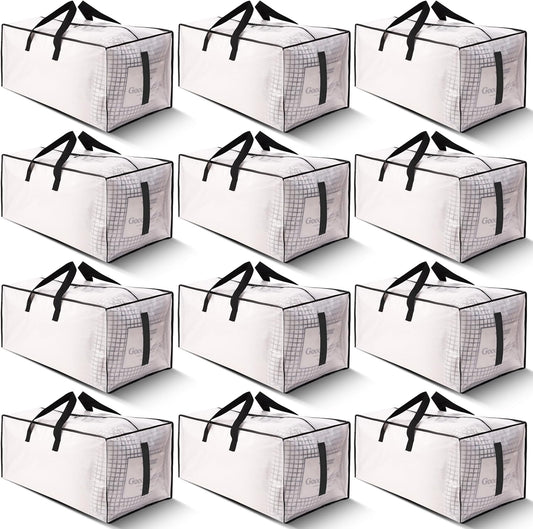 12 Pack Large Strong Moving Bags with Zippers & Carrying Handles - Water-Resistant - Heavy Duty Storage Tote for Space Saving, Fold Flat, Alternative to Moving Box (Semi-Transparent)
