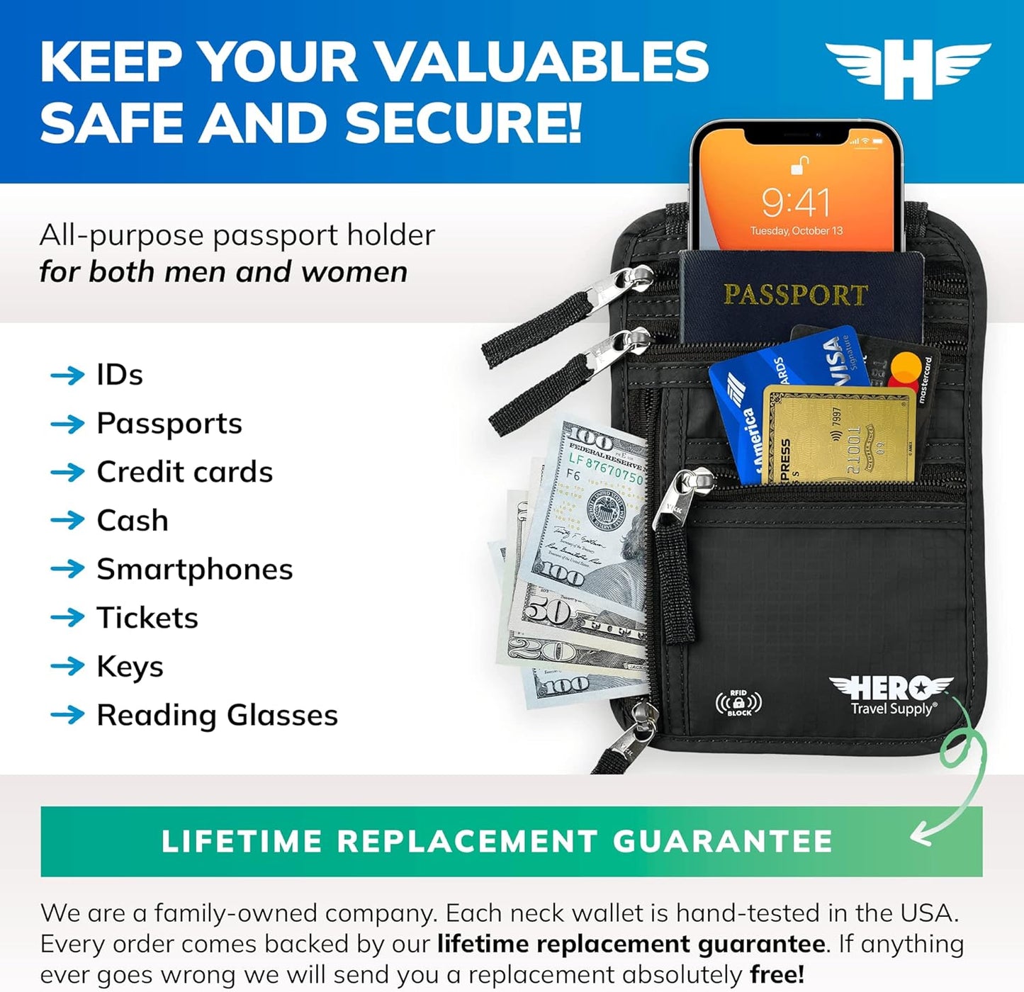 HERO Neck Wallet, RFID Blocking Passport Holder - Easy to Conceal and Pouch