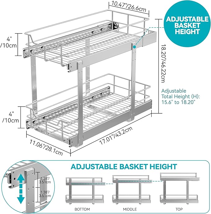 2 Tier Pull Out Cabinet Organizer 11" W X 22" D, Slide Out Drawers - Image 2