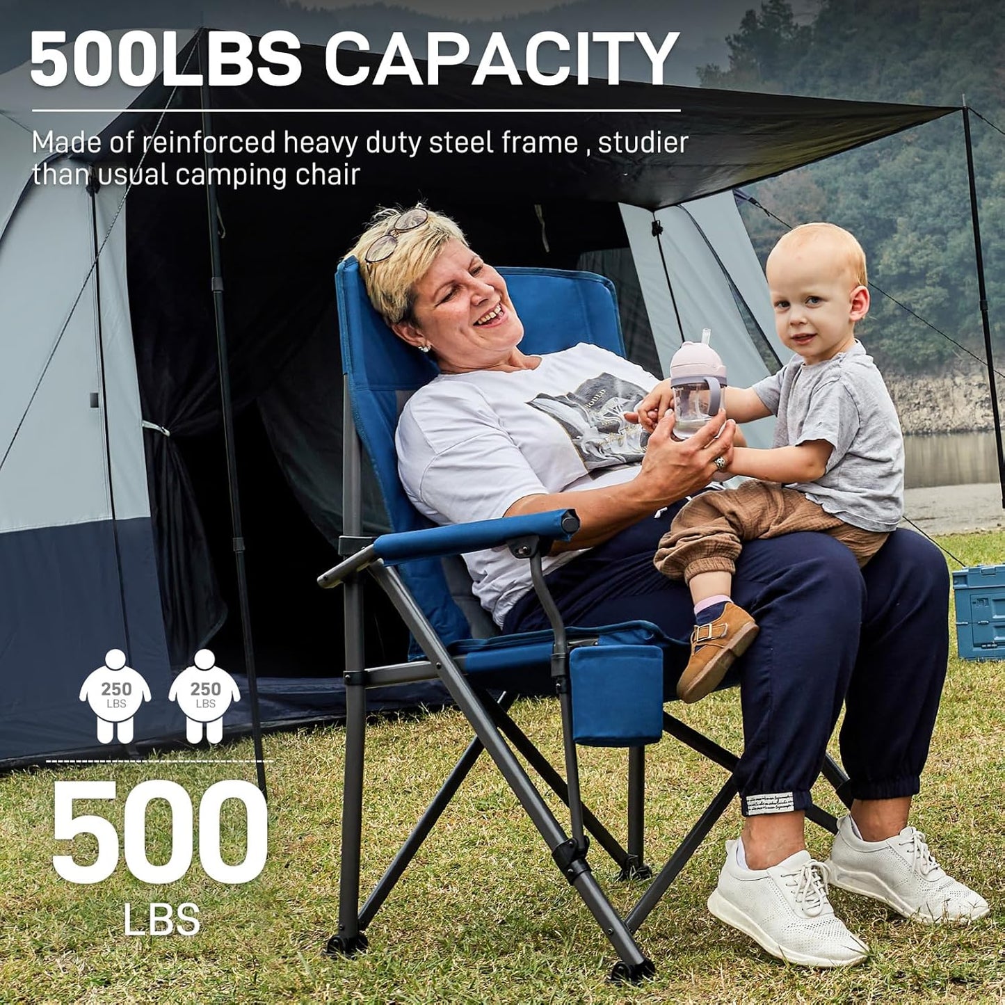 EVER ADVANCED Oversized Folding Camping Chair for Adults, Heavy Duty Lawn Chair with Side Pockets, Portable Collapsible Quad Chair for Outside, Support Up to 500lbs, Blue 2PACK